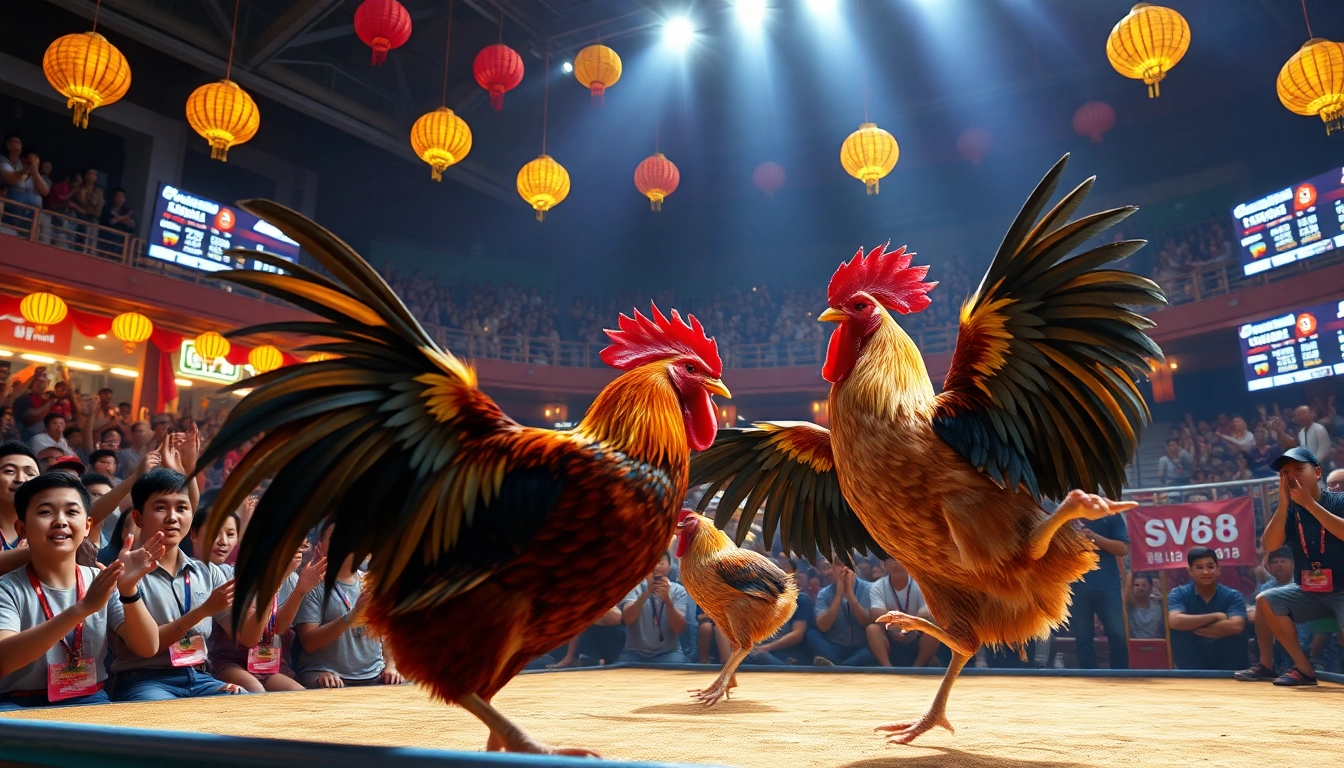 Live cockfighting action at SV368, showcasing intense battles and vibrant culture