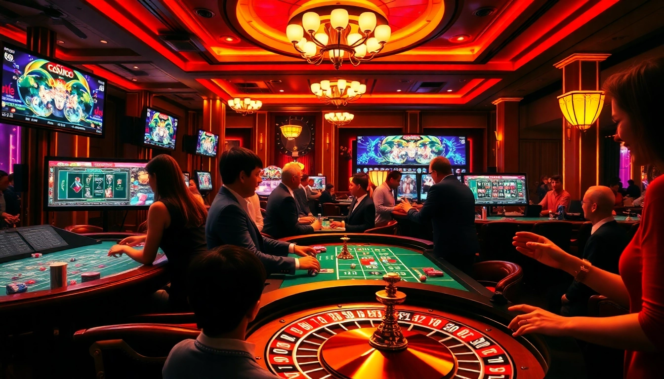 A dynamic gambling scene featuring players excitedly engaging with casino games on 69vn.gb.net, showcasing chips and roulette.