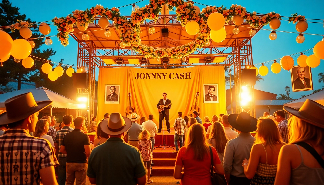 Celebration scene for Johnny Cash's birthday at johnnycashbirthday.com with fans, stage, and decorations.