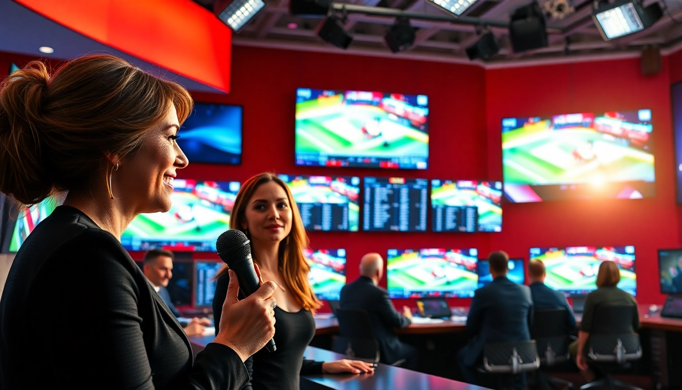 Engaging scene of sports broadcasting with professionals and multiple monitors showcasing live games.