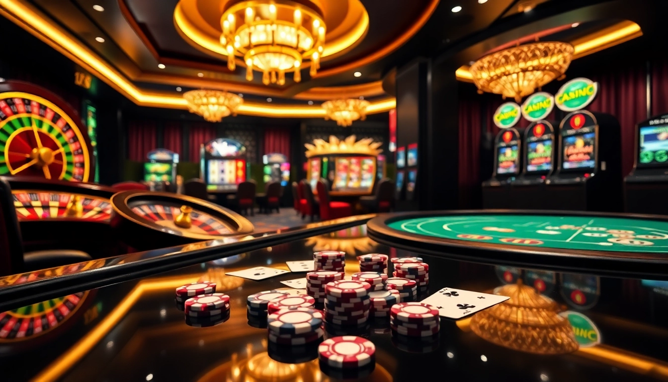 Engaging scene of NK88 ONLINE players enjoying diverse casino games in a glamorous setting.