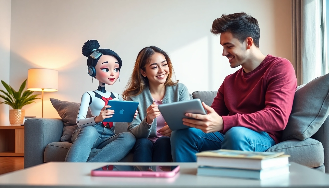 Engaging interaction with a lifelike girlfriend AI in a cozy living room.